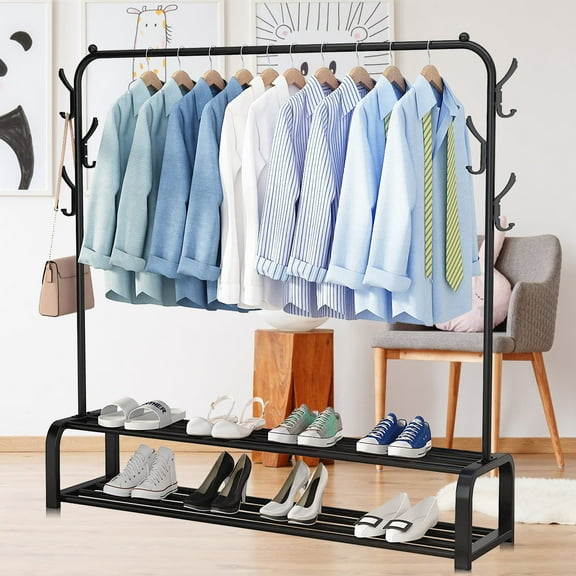 Garment Racks, Clothing Rack for Hanging Clothes, Garment Rack W/6 Hooks & 2-Tier Storage Shelf, 43.31*13.78*57.48 Inches, Single Rail Clothes Rack Stand, Free Standing Black Garment Rack