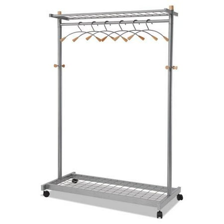 Garment Racks Two-Sided, 2-Shelf Coat Rack, 6 Hanger/6 Hook, 44.8w x 21.67d x 70.8h, Silver Steel/Wood