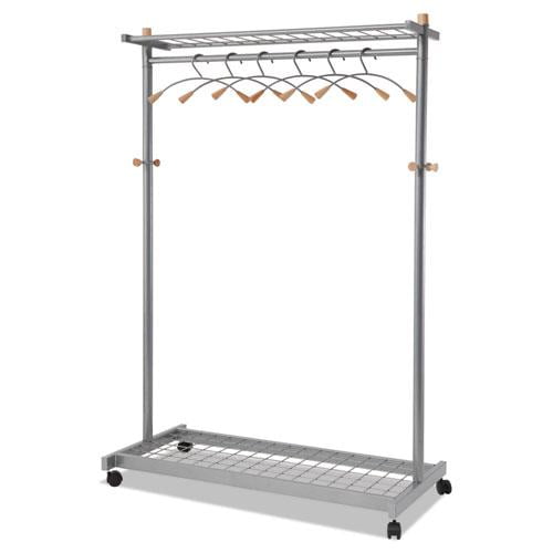 Garment Racks Two-Sided, 2-Shelf Coat Rack, 6 Hanger/6 Hook, 44.8w x 21.67d x 70.8h, Silver Steel/Wood