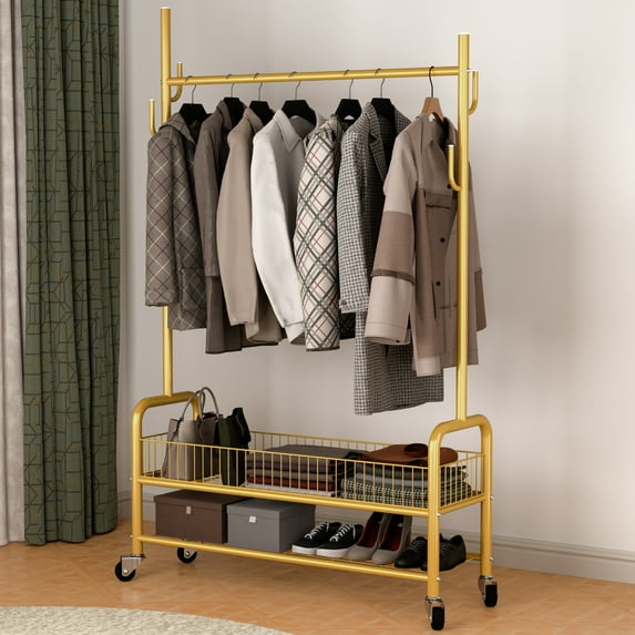 Garment Racks on Wheels,Double Decker,Sturdy Metal Frame,Available for both domestic and commercial use,for Hanging Organizers Clothes