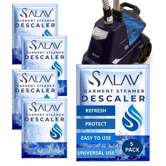 SALAV Garment Steamer Descaling Solution Decalcifier Packets for Mineral Deposits and Build-up Removal, Maintenance Clothes, Works with all Brands, Cleans Build Up, 5 packs