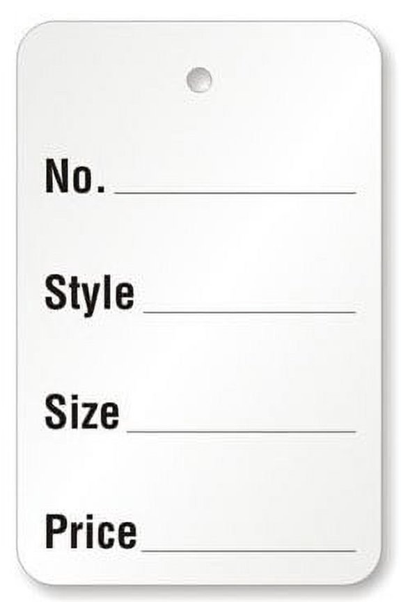 Garment Tag, Large White (1.75" x 2.875"), with Lines ("No, Style, Size, Price"), Hole-No String - Pack of 1,000 Tags