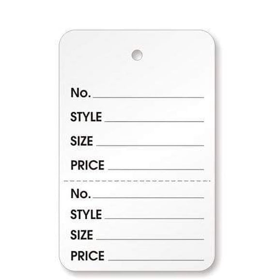 Garment Tag, Large White (1.75" x 2.875"), with Lines ("No, Style, Size, Price"), Perforated Tear-Off Receipt, Hole-No String - Pack of 1,000 Tags
