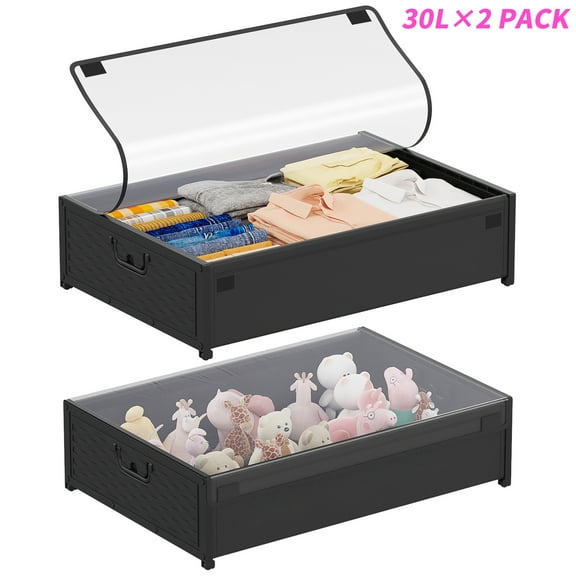 Garmic 2 Pack Under Bed Storage Containers with Wheels, 30L Rolling Underbed Storage with Handles and Oxford Cloth Lids for Clothes Blanket Bedding Shoes