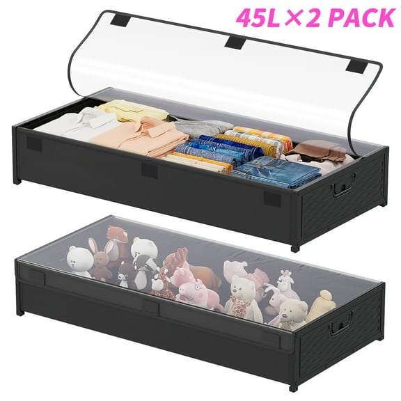 Garmic 2 Packs Under Bed Storage Containers with Wheels, 45L Rolling Under Bed Storage with Sturdy Handles and Oxford Cloth Lids for Clothes Blanket Bedding