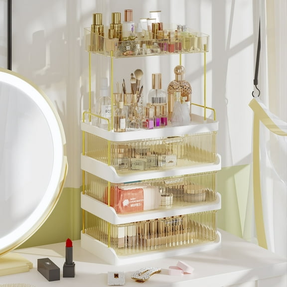 Garmic 2-Tier 3 Drawers Bathroom Counter Organizer for Cosmetics, Exquisite Makeup Countertop Organizer for Vanity Bathroom Bedroom, Amber