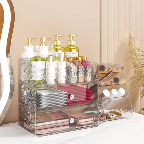 Garmic 3 Tier Makeup Organizer for Vanity with Brush Holder Countertop Organizer with 2 Drawers Clear Makeup Storage for Brushes, Lipsticks, Face Mask Skin Care Storage Solution for Women & Teens