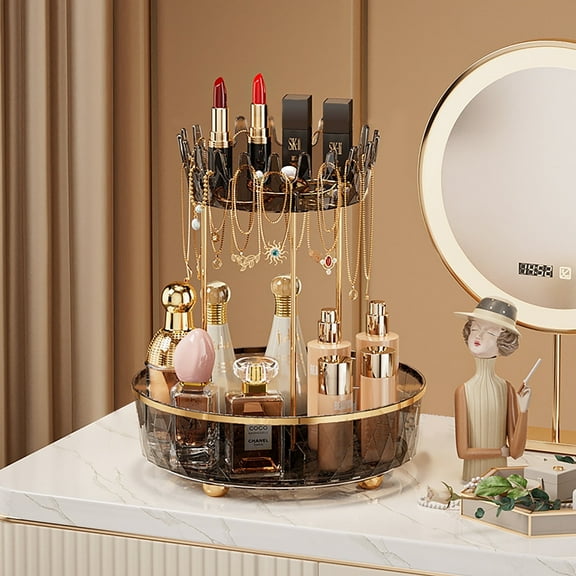 Garmic 360° Rotating Makeup Organizer, 2-Tier Cosmetic Holder Bathroom Organizer Perfume Organizers, Skincare Organizers Carousel Cosmetic Storage for Vanity, Countertop, Clear Black