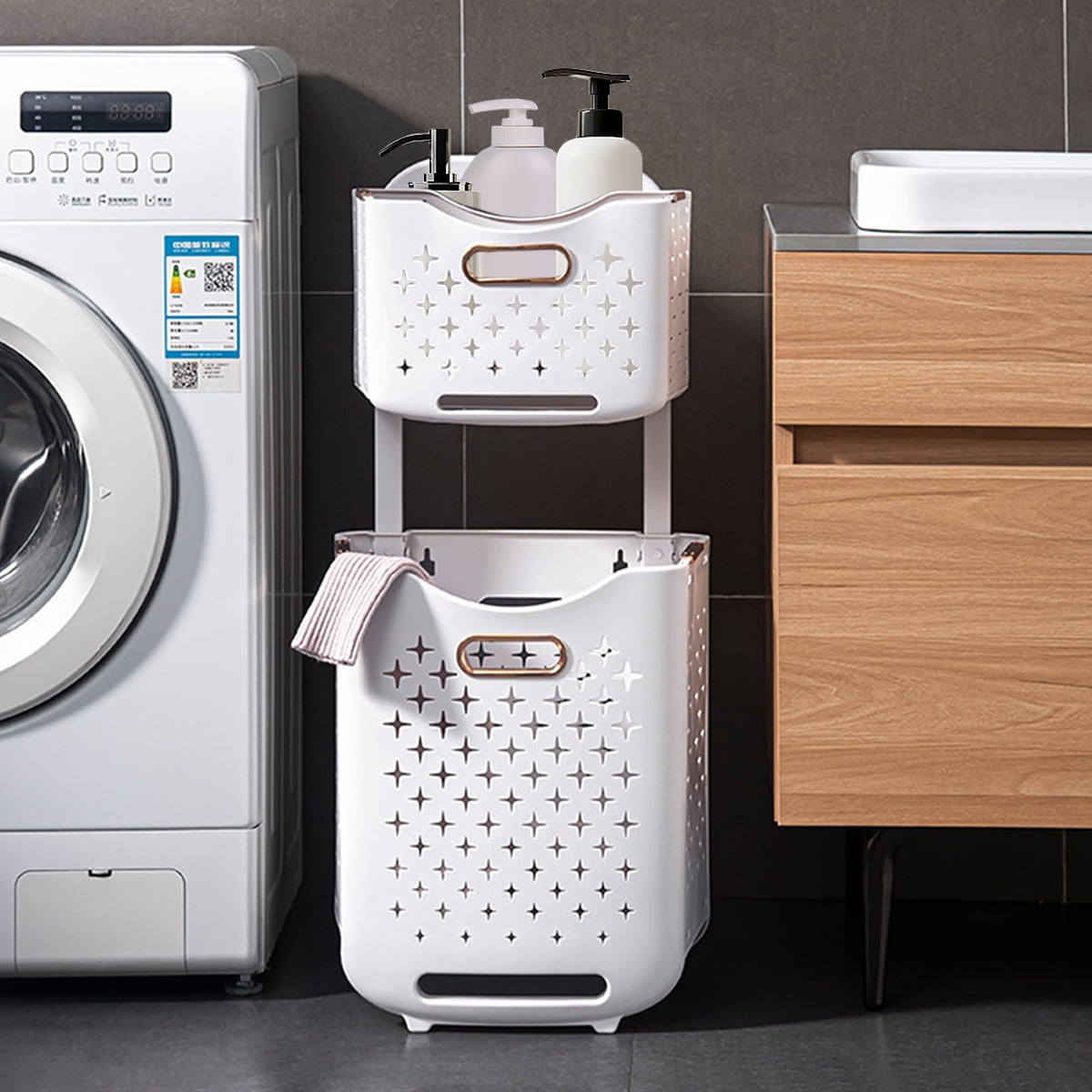 Garmic Folding Wheeled Laundry Hamper with Stretch Handle, Double Layers Adjustable Rolling