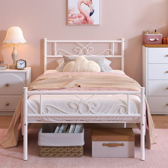 Garmic Twin Metal Bed Frame with Scroll Design Headboard and Footboard for Teens Boys Girls, White