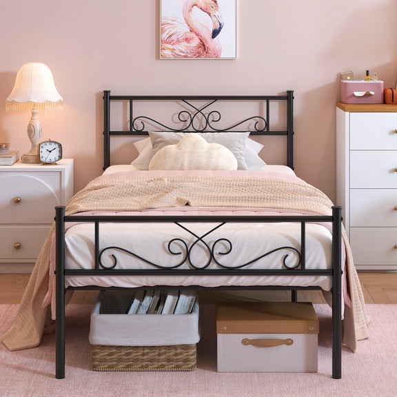 Garmic Twin Metal Bed Frame with Modern Scroll Design Headboard for Teens Boys Girls, Black
