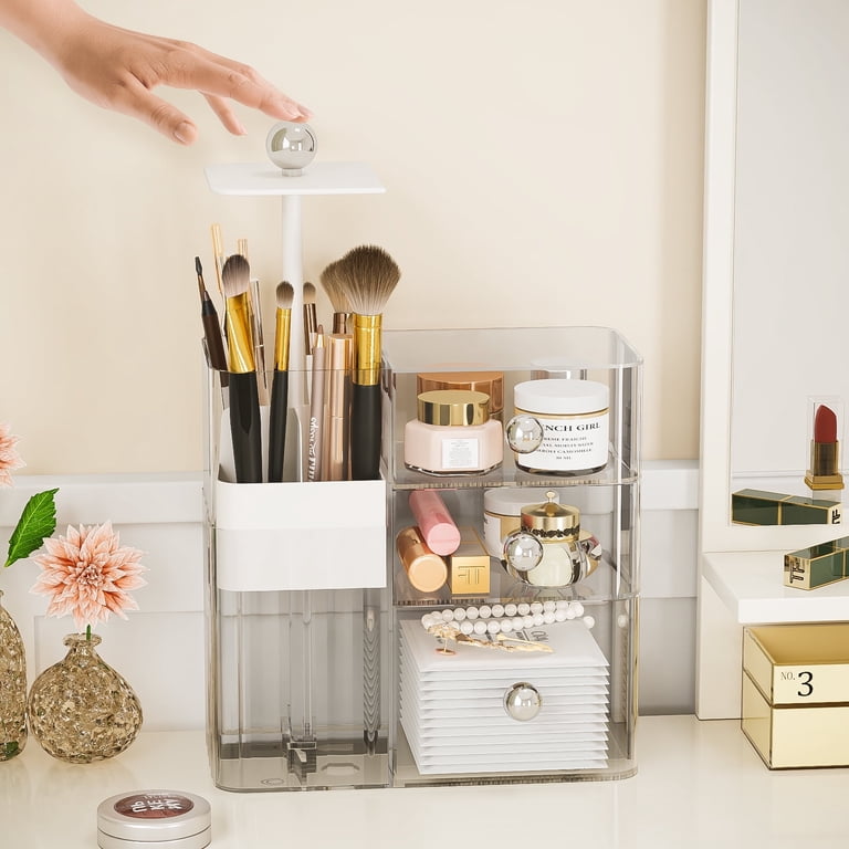 Garmic Makeup Organizer with 3 Drawers for Vanity, 4 Slot Brush Holder with One Touch Rise Spacious Cosmetic Lipstick Skincare Storage for Dresser