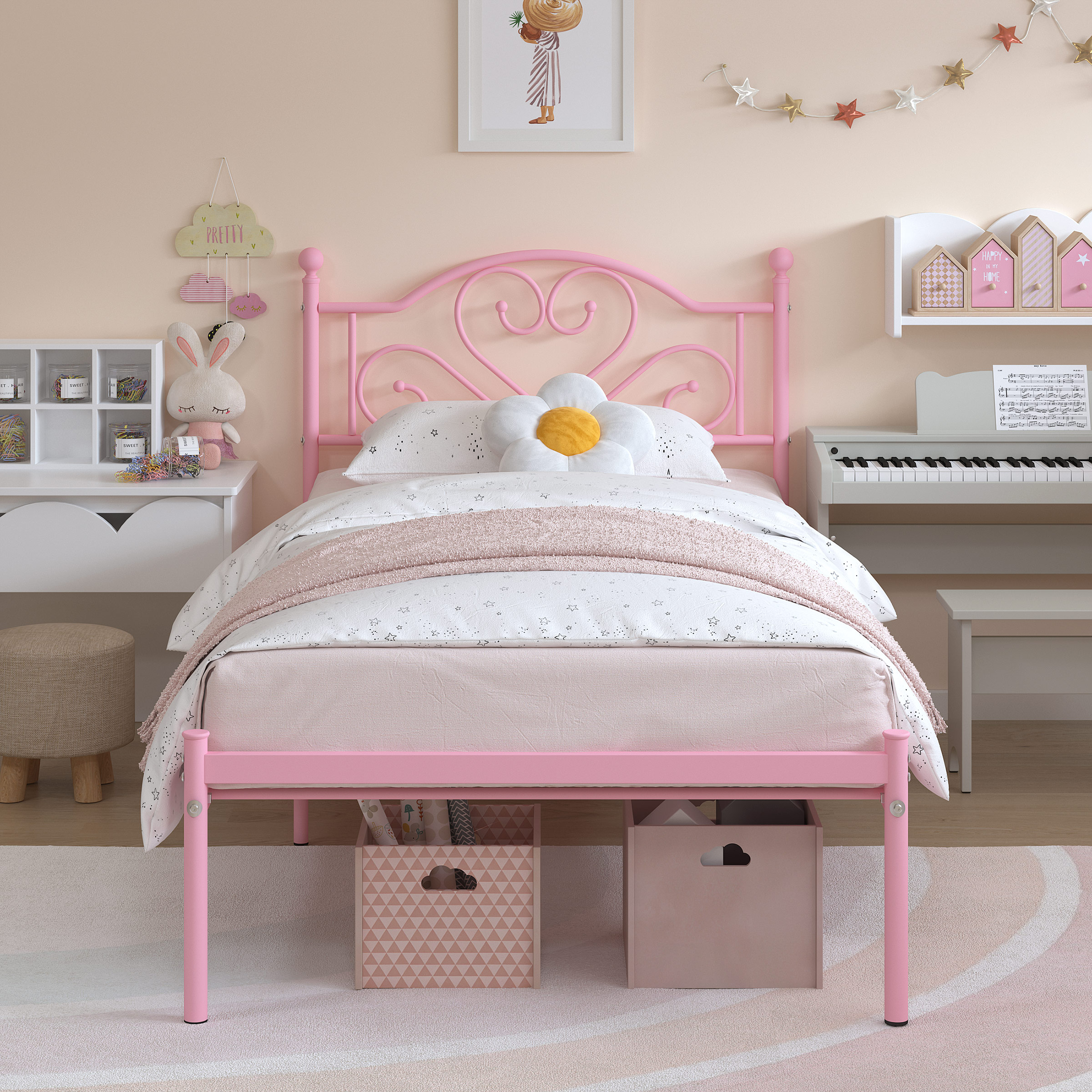 Yoneston Twin Size Metal Platform Bed Frame for Girls Kids Single Bed