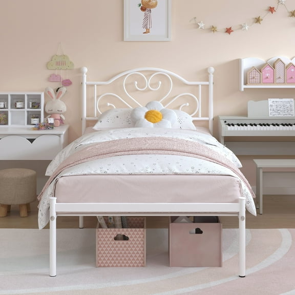 Garmic Twin Bed Frame for Girls Teen's Metal Platform Bed Frame with Vintage Headboard, White