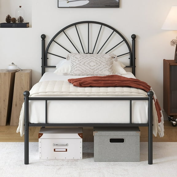 Garmic Twin Metal Bed Frame with Unique Sun Shape Headboard for Teens Bedroom Furniture, Black