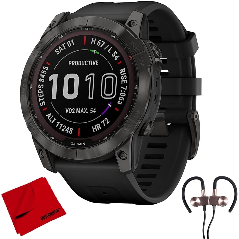 Garmin 010-02541-10 Fenix 7X Sapphire Solar Smartwatch - Carbon Gray DLC Titanium with Black Band Bundle with Deco Gear Magnetic Wireless Sport Earbuds and Deco Gear Microfiber Cleaning Cloth