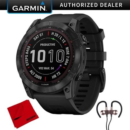 Garmin 010-02541-22 Fenix 7X Sapphire Solar Smartwatch - Black DLC Titanium with Black Band | Official USA Partner Model | Bundle with Deco Gear Wireless Sport Earbuds + Deco Gear Cleaning Cloth