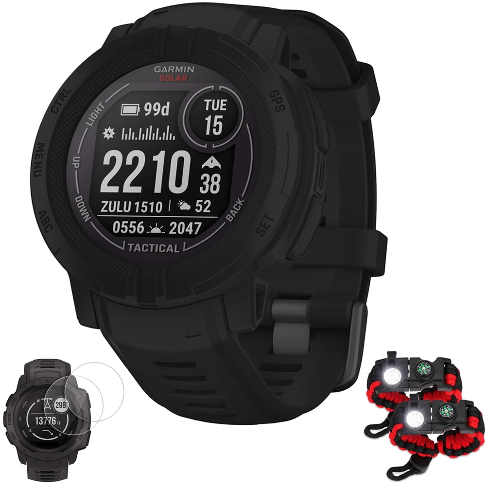 Garmin 010-02627-13 Instinct 2 Solar Smartwatch, Tactical Edition, Black Bundle with Deco Essentials 2x Tactical Emergency Paracord Multipurpose Bracelet and 2x Screen Protector