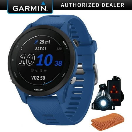 Garmin 010-02641-01 Forerunner 255 GPS Smartwatch, Tidal Blue Bundle with Workout Cooling Sport Towel and Deco Essentials Wearable Commuter Front and Rear Safety Light| Official Garmin USA Dealer