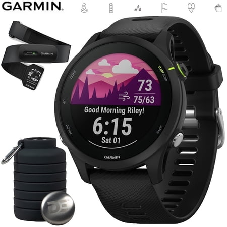Garmin 010-02641-20 Forerunner 255 Music GPS Smartwatch Black Bundle with Garmin Heart Rate Monitor Accurate Heart Rate & HRV Data Washable Strap M-XL and Deco Essentials Collapsable Water Bottle