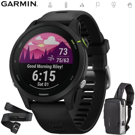 Garmin 010-02641-20 Forerunner 255 Music GPS Smartwatch Black Bundle with Garmin Heart Rate Monitor Strap M-XL and Deco Essentials Sling Backpack USB Charging Waterproof