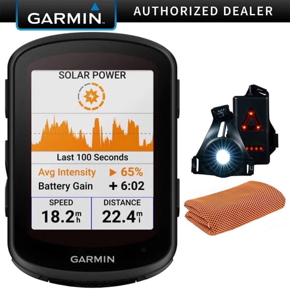 Garmin 010-02695-20 Edge 840 Solar, Compact GPS Cycling Computer, Device Only Bundle with Workout Sport Towel, Deco Essentials Wearable Commuter Front, Rear Safety Light| Official Garmin USA Dealer