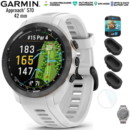 Garmin 010-02746-00 Approach S70 42 mm Premium GPS Golf Watch White Band Bundle with Deco Essentials Silicone Dust Cover 3 Pack, 1.4 Inch Screen Protector and 2 YR CPS Enhanced Protection Pack