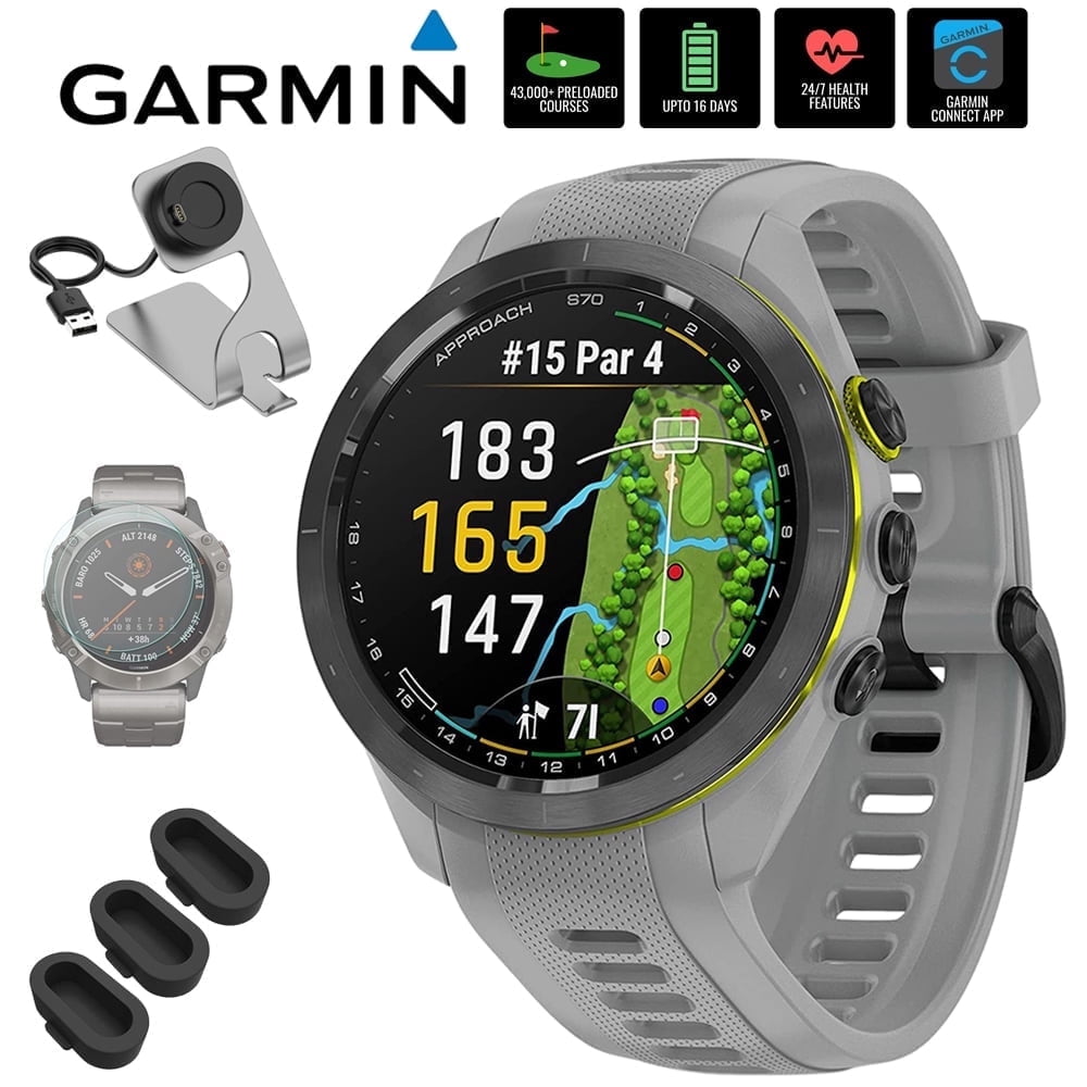 Garmin 010-02746-01 Approach S70 42 mm Premium GPS Golf Watch, Powder Grey Band Bundle with Deco Essentials Charging Dock, 3x Silicone Dust Cover and 1.4 Inch Screen Protector