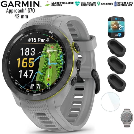 Garmin 010-02746-01 Approach S70 42 mm Premium GPS Golf Watch Powder Grey Band Bundle with Deco Essentials Silicone Dust Cover 3 Pack, 1.4 Inch Screen Protector and 2 YR CPS Enhanced Protection Pack