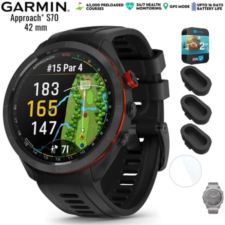 Garmin 010-02746-02 Approach S70 42 mm Premium GPS Golf Watch Black Band Bundle with Deco Essentials Silicone Dust Cover 3 Pack, 1.4 Inch Screen Protector and 2 YR CPS Enhanced Protection Pack