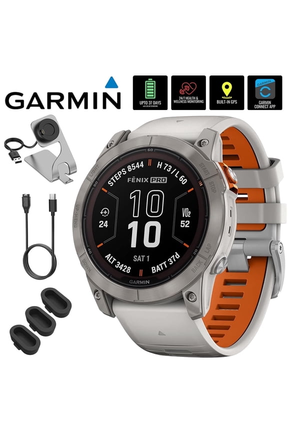 010-02778-14 Fenix 7X Pro Solar, Sapphire, Titanium, Gray/Orange Bundle with Deco Essentials Charging Dock, 3x Silicone Dust Cover and USB Type C Charging and Sync Cable