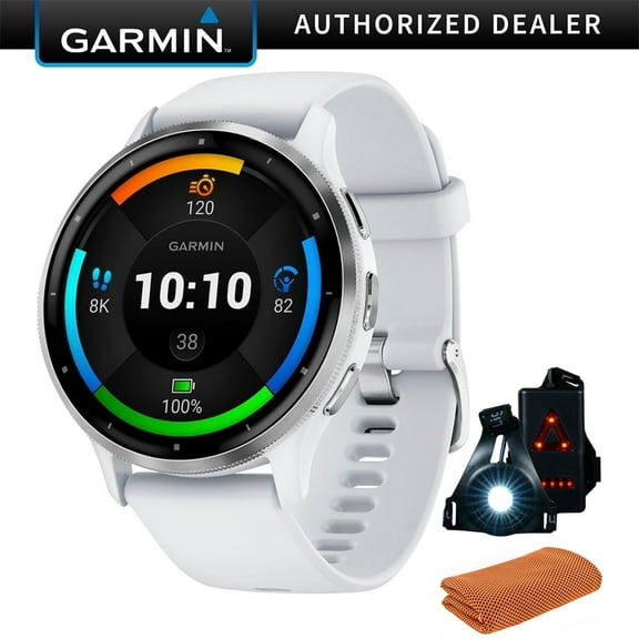 Garmin 010-02784-00 Venu 3 Health Fitness GPS Smartwatch Silver Steel Bezel w/ Whitestone Case (45mm) Bundle with Sport Towel, Deco Essentials Wearable Safety Light| Official Garmin USA Dealer