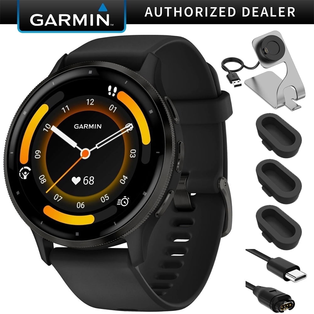 Garmin 010-02784-01 Venu 3 Health and Fitness GPS Smartwatch Steel Bezel with Black Case 45mm Bundle with Deco Essentials Charging Dock, Silicone Dust Cover 3 Pack and USB Type C Charging Cable