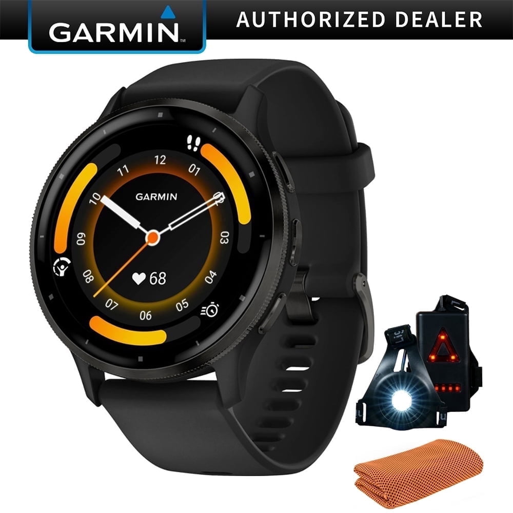 Garmin 010-02784-01 Venu 3 Health and Fitness GPS Smartwatch Steel Bezel w/ Black Case (45mm) Bundle with Sport Towel, Deco Essentials Wearable Safety Light| Official Garmin USA Dealer