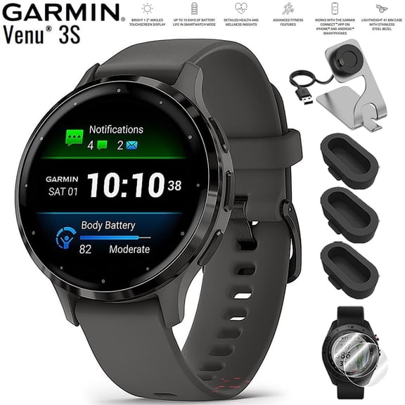 Garmin 010-02785-00 Venu 3S Health Fitness GPS Smartwatch Steel Bezel with Pebble Gray Case 41mm Bundle with Deco Essentials Charging Dock, Dust Cover 3 Pack and 2-Pack Screen Protector