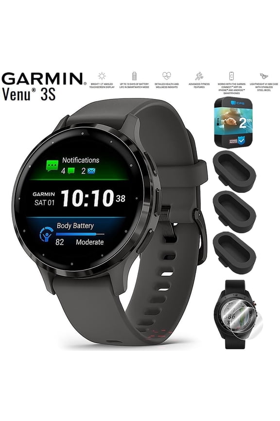 010-02785-00 Venu 3S Health Fitness GPS Smartwatch Steel Bezel with Pebble Gray Case 41mm Bundle with Dust Cover 3 Pack, 2-Pack Screen Protector and 2 YR CPS Enhanced Protection Pack