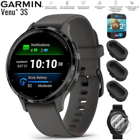 Garmin 010-02785-00 Venu 3S Health Fitness GPS Smartwatch Steel Bezel with Pebble Gray Case 41mm Bundle with Dust Cover 3 Pack, 2-Pack Screen Protector and 2 YR CPS Enhanced Protection Pack