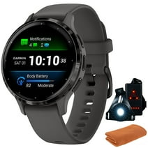 Garmin 010-02785-00 Venu 3S Health Fitness GPS Smartwatch Steel Bezel with Pebble Gray Case (41mm) Bundle with Workout Sport Towel and Deco Essentials Wearable Commuter Front and Rear Safety Light