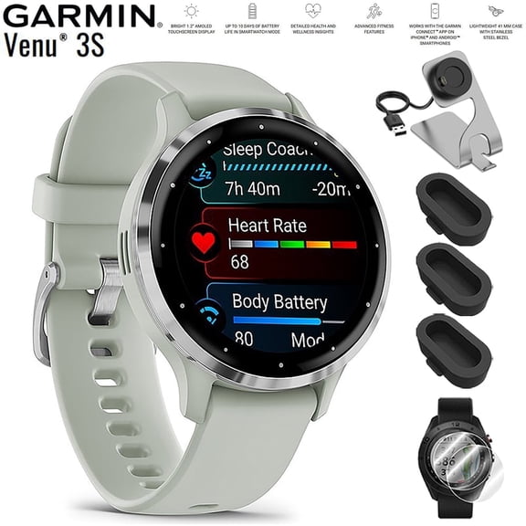 Garmin 010-02785-01 Venu 3S Health Fitness GPS Smartwatch Steel Bezel with Sage Gray Case 41mm Bundle with Deco Essentials Charging Dock, Dust Cover 3 Pack and 2-Pack Screen Protector