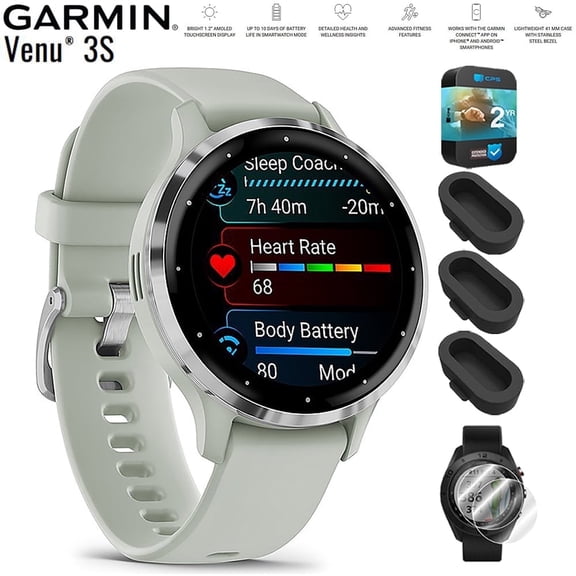 Garmin 010-02785-01 Venu 3S Health Fitness GPS Smartwatch Steel Bezel with Sage Gray Case 41mm Bundle with Dust Cover 3 Pack, 2-Pack Screen Protector and 2 YR CPS Enhanced Protection Pack