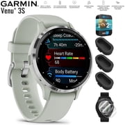 Garmin 010-02785-01 Venu 3S Health Fitness GPS Smartwatch Steel Bezel with Sage Gray Case 41mm Bundle with Dust Cover 3 Pack, 2-Pack Screen Protector and 2 YR CPS Enhanced Protection Pack