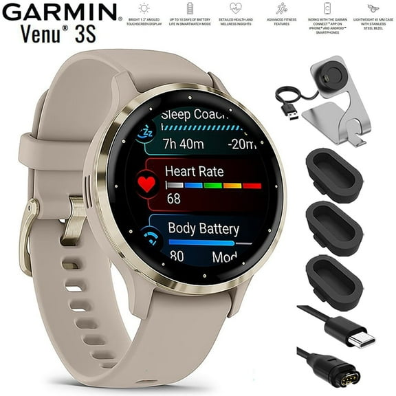 Garmin 010-02785-02 Venu 3S Health Fitness GPS Smartwatch Gold Steel Bezel with French Gray Case 41mm Bundle with Charging Dock, Silicone Dust Cover 3 Pack and USB Type C Charging and Sync Cable