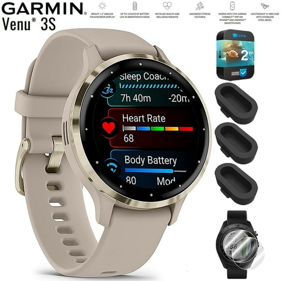 Garmin 010-02785-02 Venu 3S Health Fitness GPS Smartwatch Gold Steel Bezel with French Gray Case 41mm Bundle with Dust Cover 3 Pack, 2-Pack Screen Protector and 2 YR CPS Enhanced Protection Pack