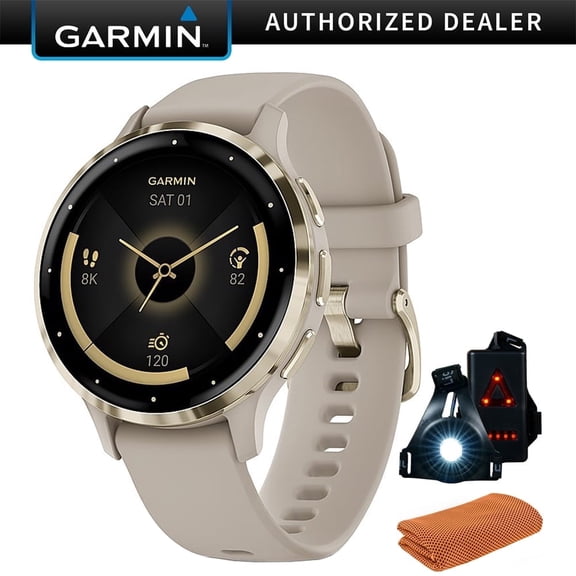 Garmin 010-02785-02 Venu 3S Health Fitness GPS Smartwatch Gold Steel Bezel w/French Gray Case (41mm) Bundle with Sport Towel, Deco Essentials Wearable Safety Light| Official Garmin USA Dealer