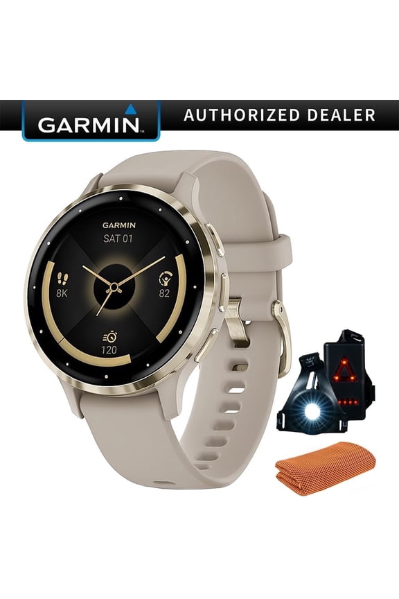 010-02785-02 Venu 3S Health Fitness GPS Smartwatch Gold Steel Bezel w/French Gray Case (41mm) Bundle with Sport Towel, Deco Essentials Wearable Safety Light| Official Garmin USA Dealer