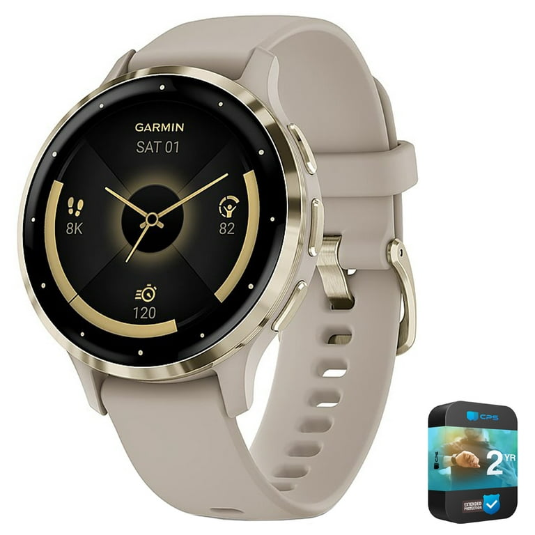Garmin 010-02785-02 Venu 3S Health Fitness GPS Smartwatch Gold Steel Bezel  w/ French Gray Case 41mm Bundle with 2 YR CPS Enhanced Protection Pack 