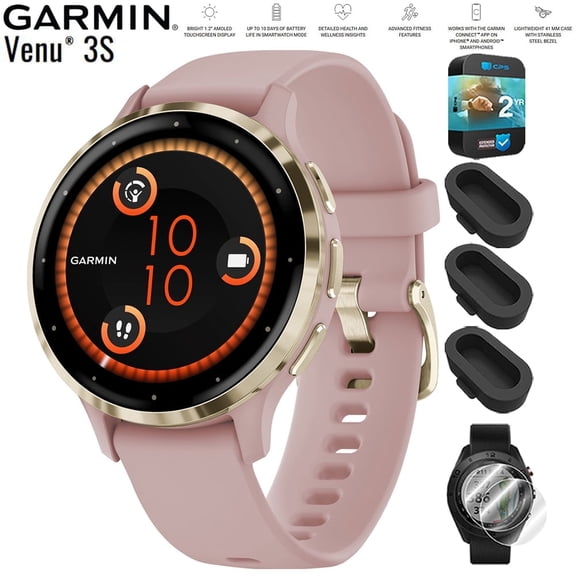 Garmin 010-02785-03 Venu 3S Health Fitness GPS Smartwatch Gold Steel Bezel with Dust Rose Case 41mm Bundle with Dust Cover 3 Pack, 2-Pack Screen Protector and 2 YR CPS Enhanced Protection Pack