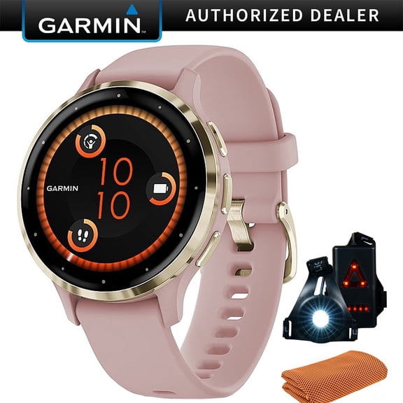 Garmin 010-02785-03 Venu 3S Health Fitness GPS Smartwatch Gold Steel Bezel w/ Dust Rose Case (41mm) Bundle with Sport Towel, Deco Essentials Wearable Safety Light| Official Garmin USA Dealer