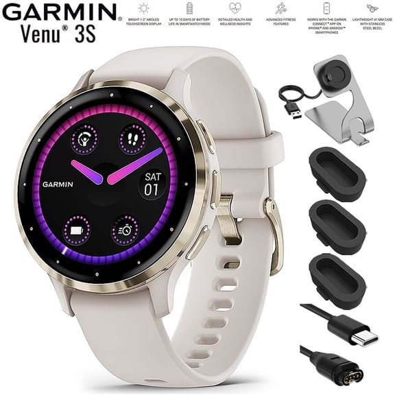 Garmin 010-02785-04 Venu 3S Health Fitness GPS Smartwatch Gold Steel Bezel with Ivory Case 41mm Bundle with Charging Dock, Silicone Dust Cover 3 Pack and USB Type C Charging and Sync Cable