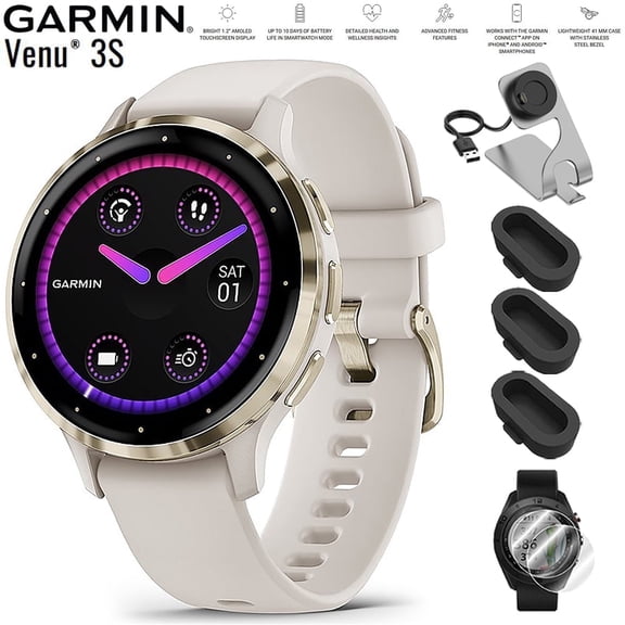 Garmin 010-02785-04 Venu 3S Health Fitness GPS Smartwatch Gold Steel Bezel with Ivory Case 41mm Bundle with Deco Essentials Charging Dock, Dust Cover 3 Pack and 2-Pack Screen Protector
